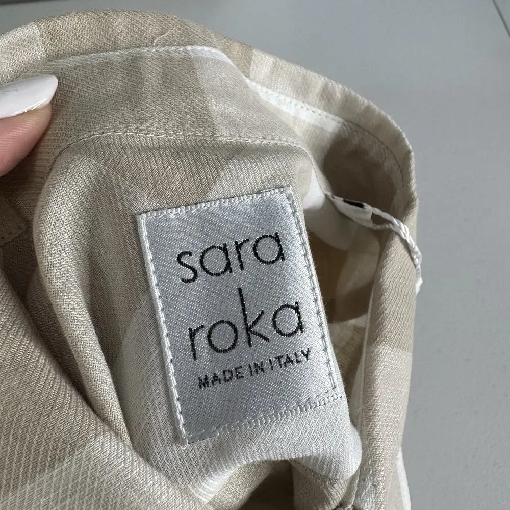 Sara Roka Drake Belted Dress‎ Womens 40 Beige Linen Gingham Shirt Midi Cottage